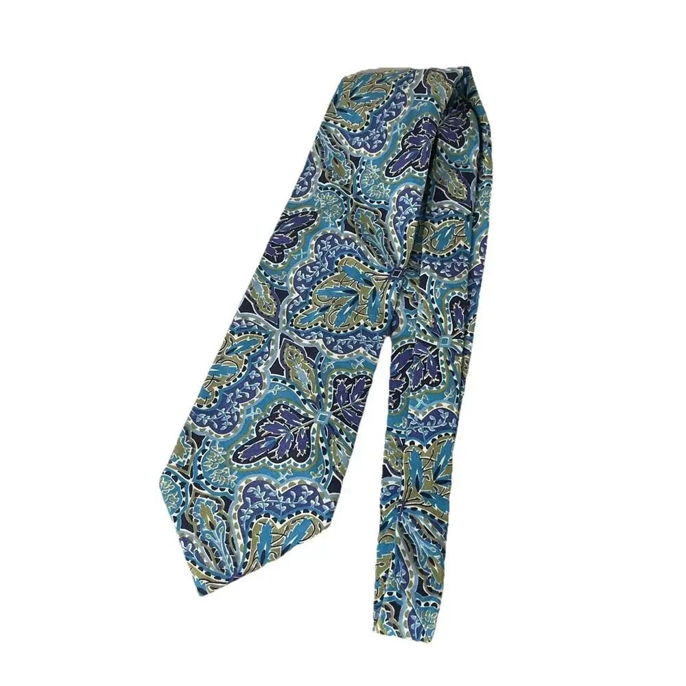 Liberty Of London Floral Mens Tie Cotton 80s 90s Vintage Blue Paisley Leaf Fine